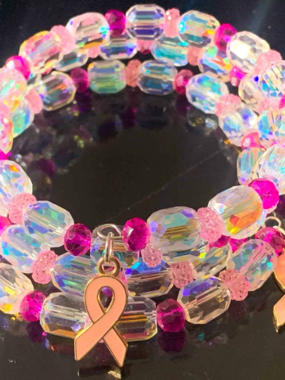 Handmade 'Breast Cancer Awareness' glass beaded coil bracelet and earrings set - Picture 3 of 5